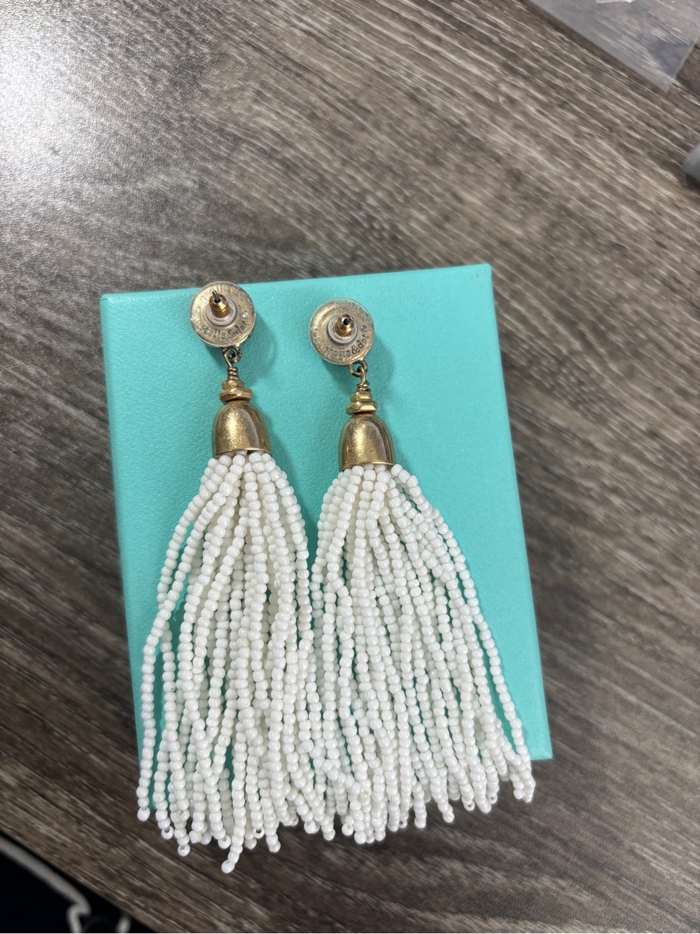 Beautiful White Beaded Tassel Drop Earrings - Gold Accents 3.5” long - Picture 3 of 3